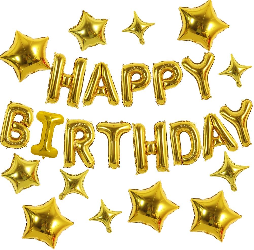 TONIFUL 35PCS Gold Happy Birthday Decorations Kit 16 Inch Happy Birthday Balloon Banner with Star Balloons Mylar Foil Birthday Party Decorations Supplies for Men Women Adults Girls Boys Kids