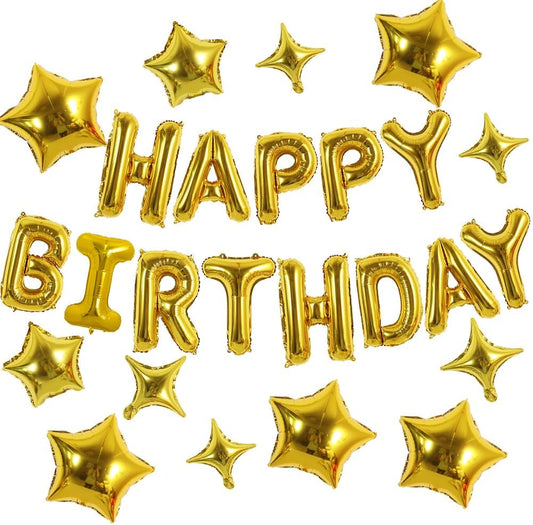 TONIFUL 35PCS Gold Happy Birthday Decorations Kit 16 Inch Happy Birthday Balloon Banner with Star Balloons Mylar Foil Birthday Party Decorations Supplies for Men Women Adults Girls Boys Kids