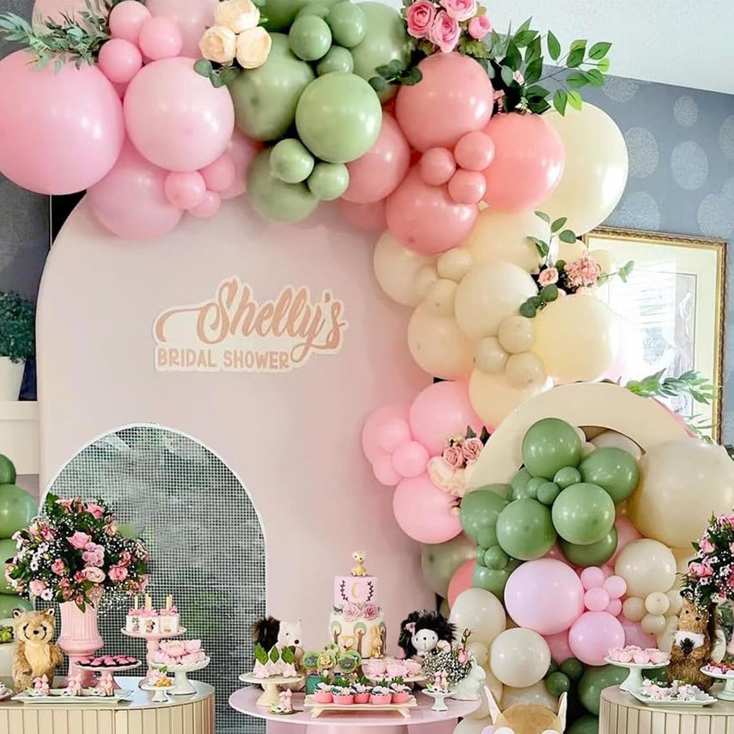 Togvu Sage Green Pink Balloon, 60 Packs 12 Inch Olive Green Pink Balloon with Sand White Metallic Gold Balloons for Girls Baby Shower Birthday Jungle Safari Woodland Party Decorations