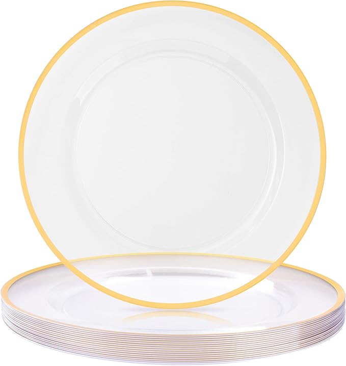 BESTSTAR 12 Inch Disposable Charger Plates, 15 Pack Plastic Clear Plates with Gold Rim, Perfect Table Decor for Party, Wedding, Dinner