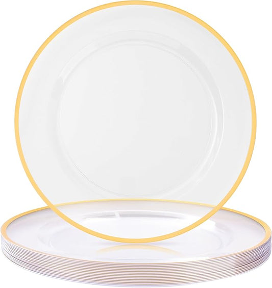 BESTSTAR 12 Inch Disposable Charger Plates, 15 Pack Plastic Clear Plates with Gold Rim, Perfect Table Decor for Party, Wedding, Dinner
