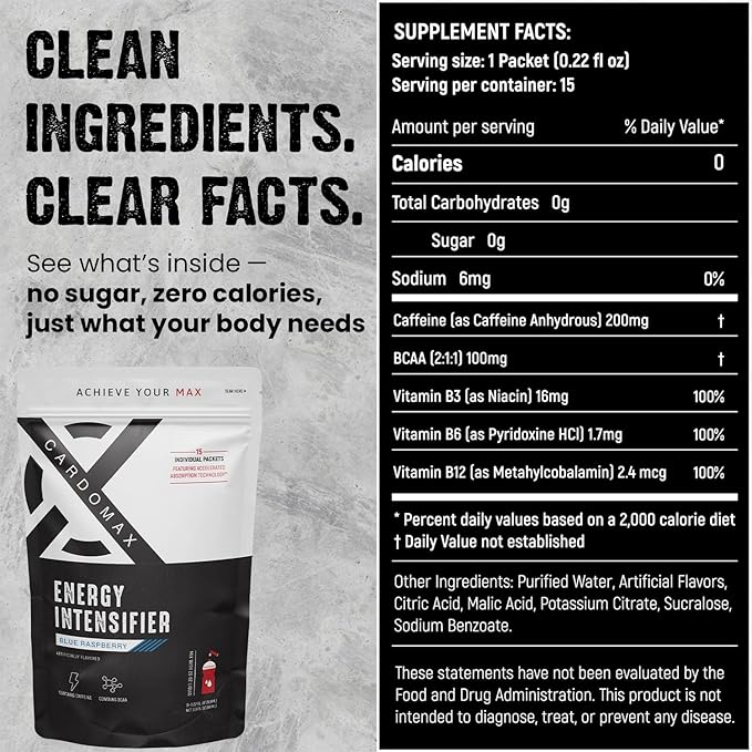 CardoMax - Energy Drink Packets - Liquid Preworkout for Men & Women Caffeine Packets with BCAA, Vitamin B12, Vitamin B6 & B3 - Sugar-Free, Zero Calorie, Vegan & Keto - 15 Stick Packs - Blue Raspberry