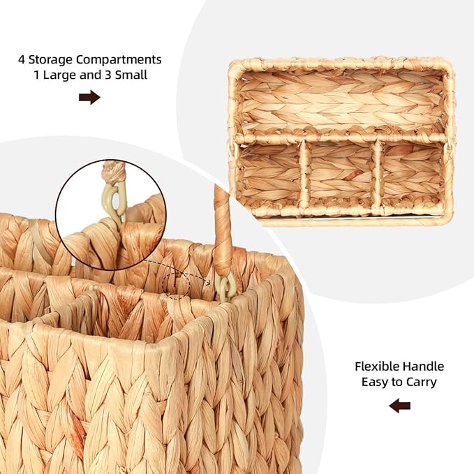 Wicker Flatware Organizer, Water Hyacinth Cutlery Holder, Outdoor Silverware Caddy, Woven Divided Utensil Caddy with Handle, Utensil Holder for Table, Kitchen (Natural Water Hyacinth)