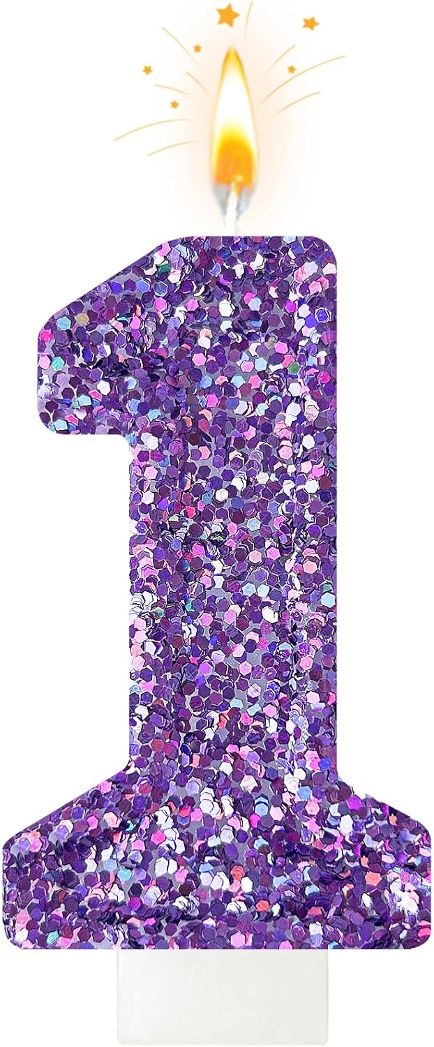 Birthday Number Candles, Glitter Number Candle Cake Decorations with Sequins, Cupcake Decorations for Girls, Women, Party Anniversary Celebrations (Number 1, Purple)