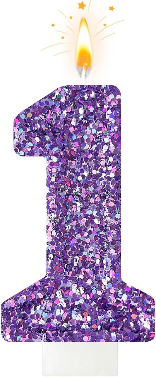 Birthday Number Candles, Glitter Number Candle Cake Decorations with Sequins, Cupcake Decorations for Girls, Women, Party Anniversary Celebrations (Number 1, Purple)