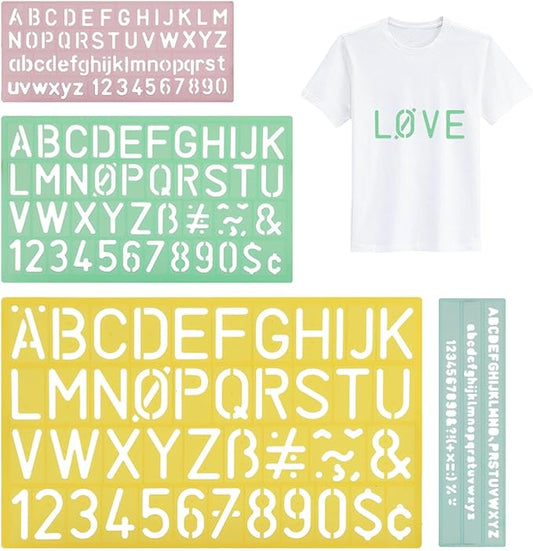 Alphabet Stencils Set of 4, Plastic Letter & Number Stencils 4 Sizes, Ruler Guide Lines for Learning, Painting, Scrapbooking DIY, 4 Colours