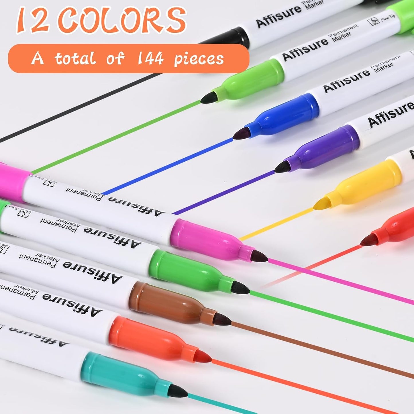 12 Colors Permanent Markers， 144 Pack colored marker sets, Assorted Colors Marker，Fine Point， Permanent Markers Bulk, Fast Dry, Waterproof, work on Plastic, Glass, Metal, Wood and Stone