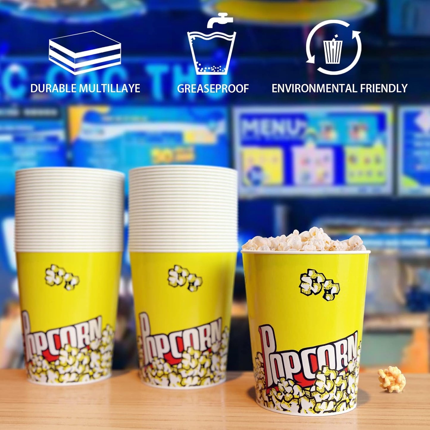 32 Oz Popcorn Buckets 50 Pack Retro Style Disposable Popcorn Box Grease Resistant Small Popcorn Holer for Home Movie Night Birthday Christmas Concession Stands Popcorn Bars