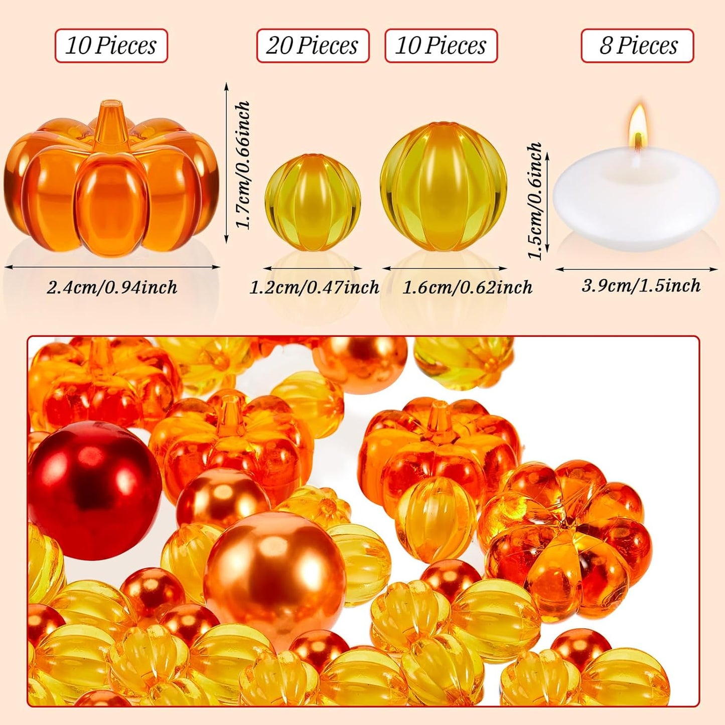 MTLEE 124 Pcs Thanksgiving Vase Filler Faux Pearl for Vase Filler with 8 White Unscented Candles for Fall Thanksgiving Home Table Party Festival Decors, Not Included Clear Beads(Pumpkin)