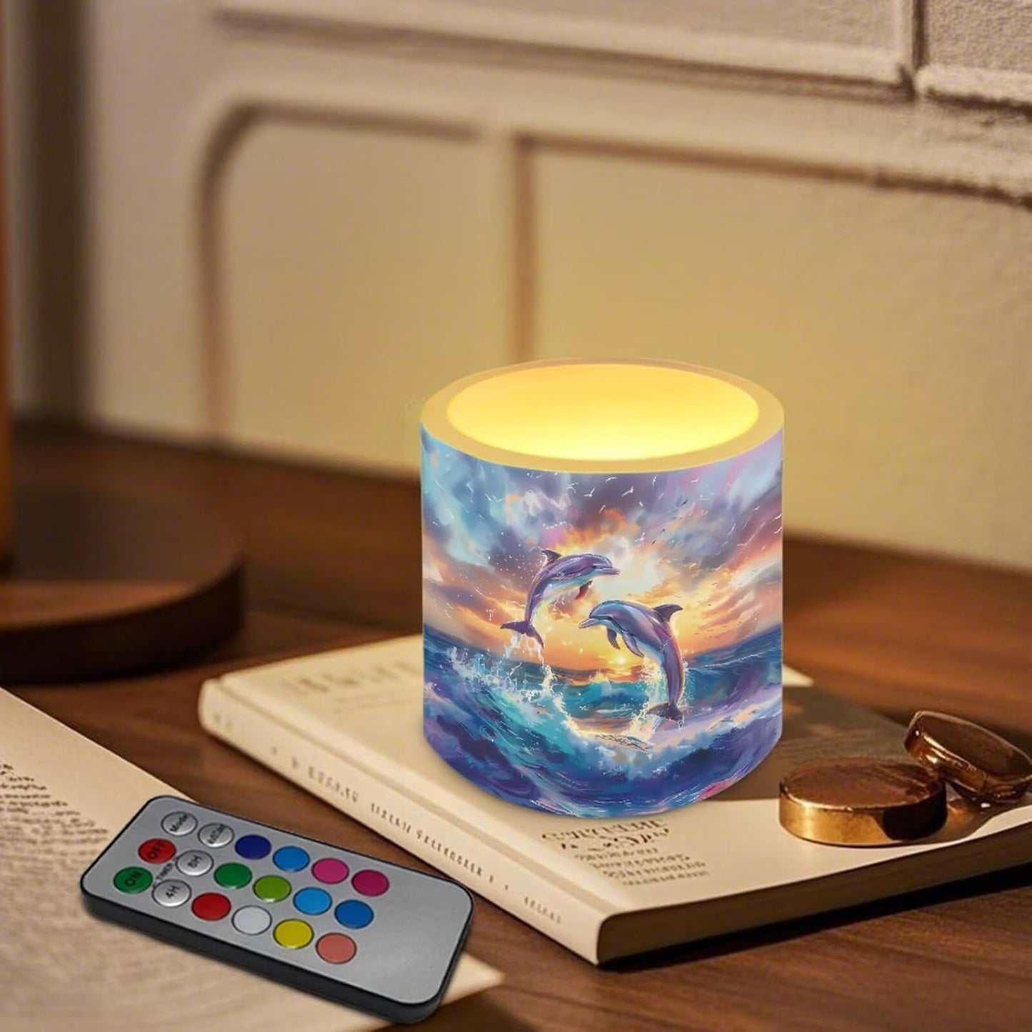 Poceacles 4 Pack Flameless LED Candles Remote Control Flickering LED Pillar Candles Battery Operated, Timer Multi-Color Options Tea Lights for Party Dinner Event Decor, Dolphin Sunset Print