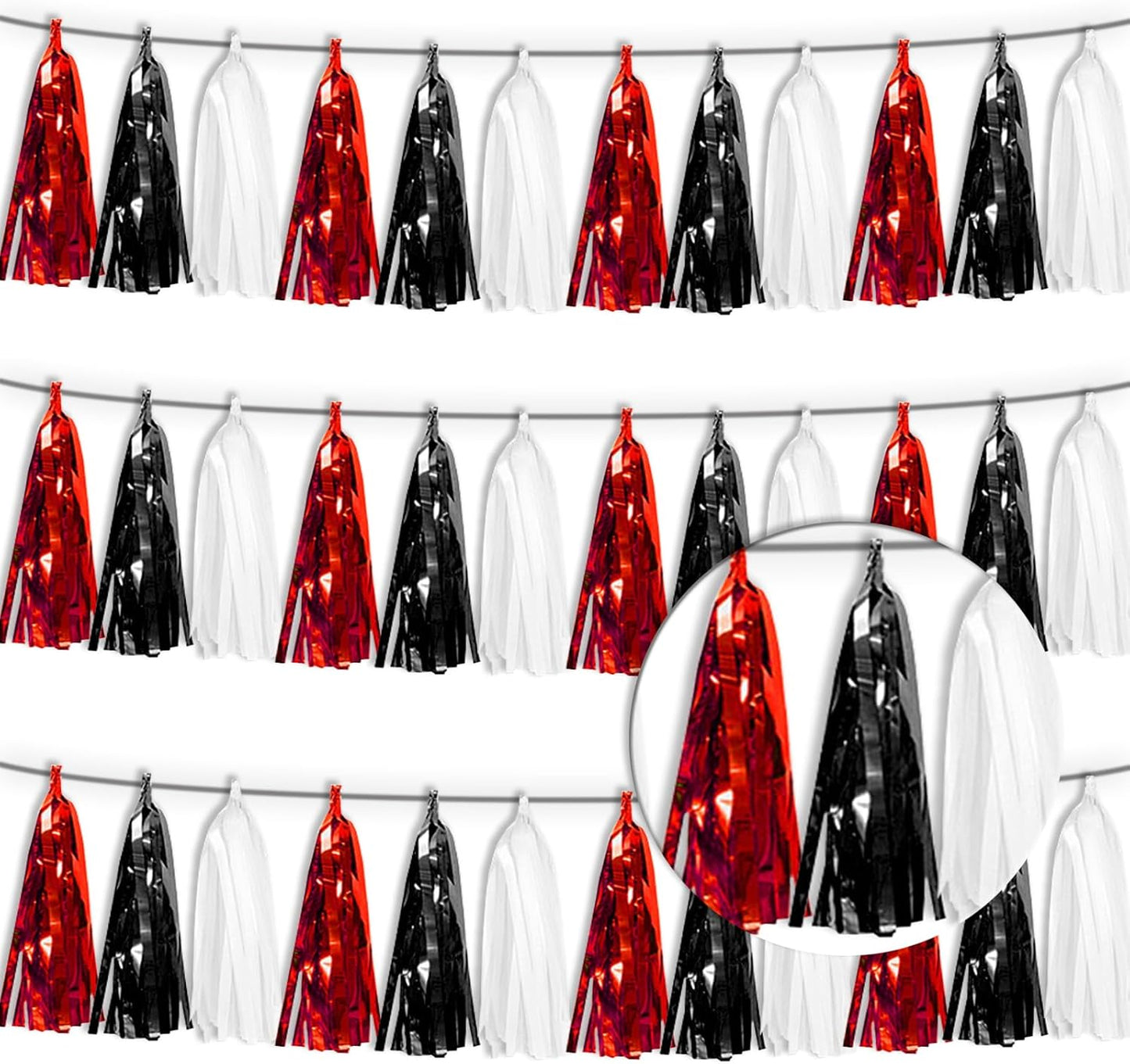 3P Black Red White Tassel Banner Garland Metallic Foil Fringe Banner Tinsel Tassels Streamer Banner Backdrop for Parade Floats Graduation, Halloween, Christmas, Father's Day Party Decorations