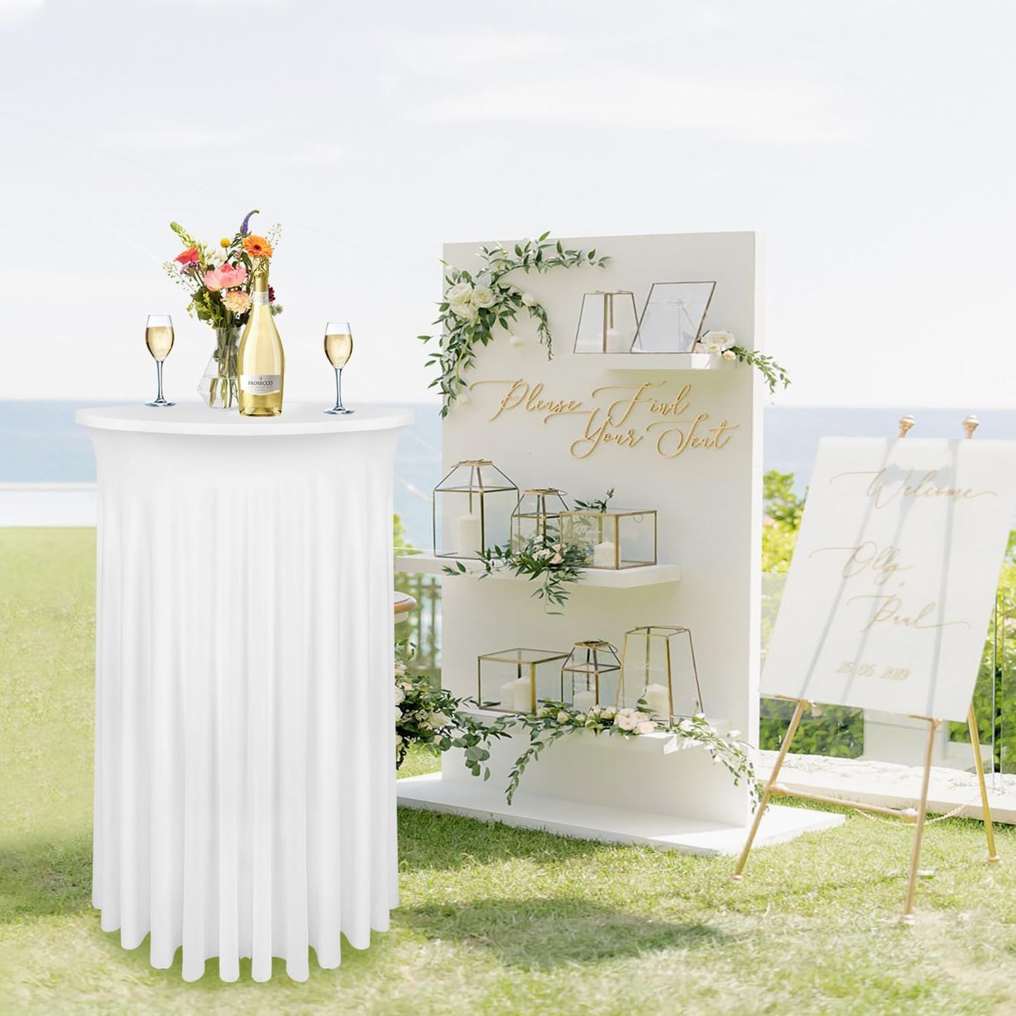Spandex Cocktail Table Skirt 4 Pack 32x43 Inch Highboy Spandex Cocktail Table Cover White, Table Covers with Wavy Drape High Top Cover for Round Tables (4pc White 32X43)