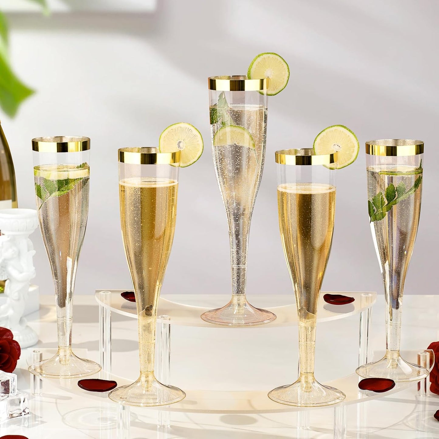 Goodluck 48 Pack 6.5 oz Plastic Gold Glitter Champagne Flutes with Gold Rim, Disposable Champagne Toasting Glasses for Wedding, Engagement, Party, Mimosa Bar