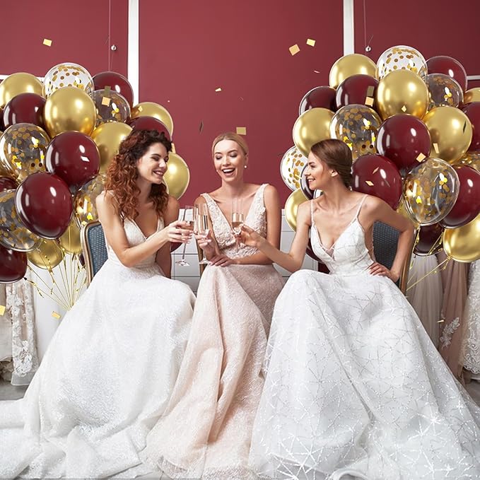 60pcs Burgundy and Gold Balloons 12inch, Maroon and Gold Balloons with Metallic Gold Confetti Balloons for Graduation Birthday Bridal Shower Party Decorations