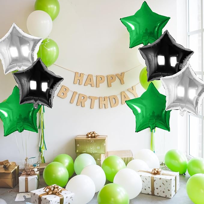 Green Black Silver Star Foil Balloons, 10PCS Foil Stars Shape Balloon, 18 Inch Metallic Pentagram Balloons Helium for Boys Men, Graduation, Baby Shower, Football Soccer Game Birthday Party Decoration