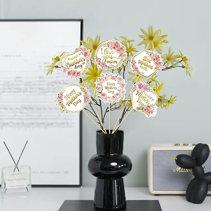 18 PCS Happy Mother's Day Centerpiece Sticks Double Sided Love Mother Best Mom Table Centerpieces Rose Flowers Love Mom Floral Decorations for Happy Mother's Day Theme Women Birthday Party Supplies