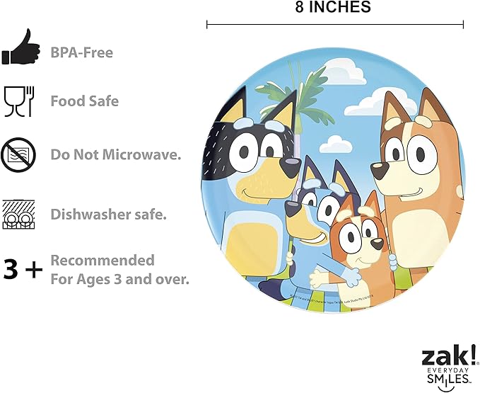 Zak Designs 5-Piece Dinnerware Set, Bluey - Durable Plastic & Stainless Steel - Includes Tumbler, 8-Inch Plate, 6-Inch Bowl, Fork & Spoon - Suitable for Kids Ages 3+