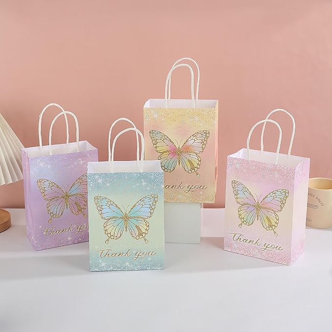 piqiya 24pcs Butterfly Birthday Goodie Bags,Party Favor Gift Bags,Colorful Gift Bag for Baby Shower, Wedding