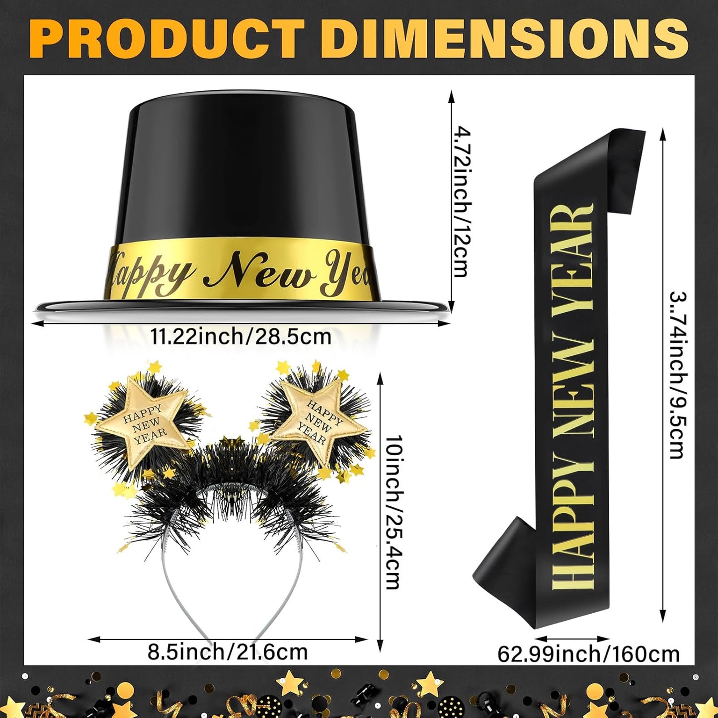 Coume 3 Pcs 2026 Happy New Year's Eve Party Supplies Black Gold Hat New Year Headband with Star Boppers Sash Belt Decoration for Party Gift Accessories