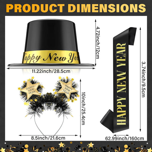Coume 3 Pcs 2026 Happy New Year's Eve Party Supplies Black Gold Hat New Year Headband with Star Boppers Sash Belt Decoration for Party Gift Accessories