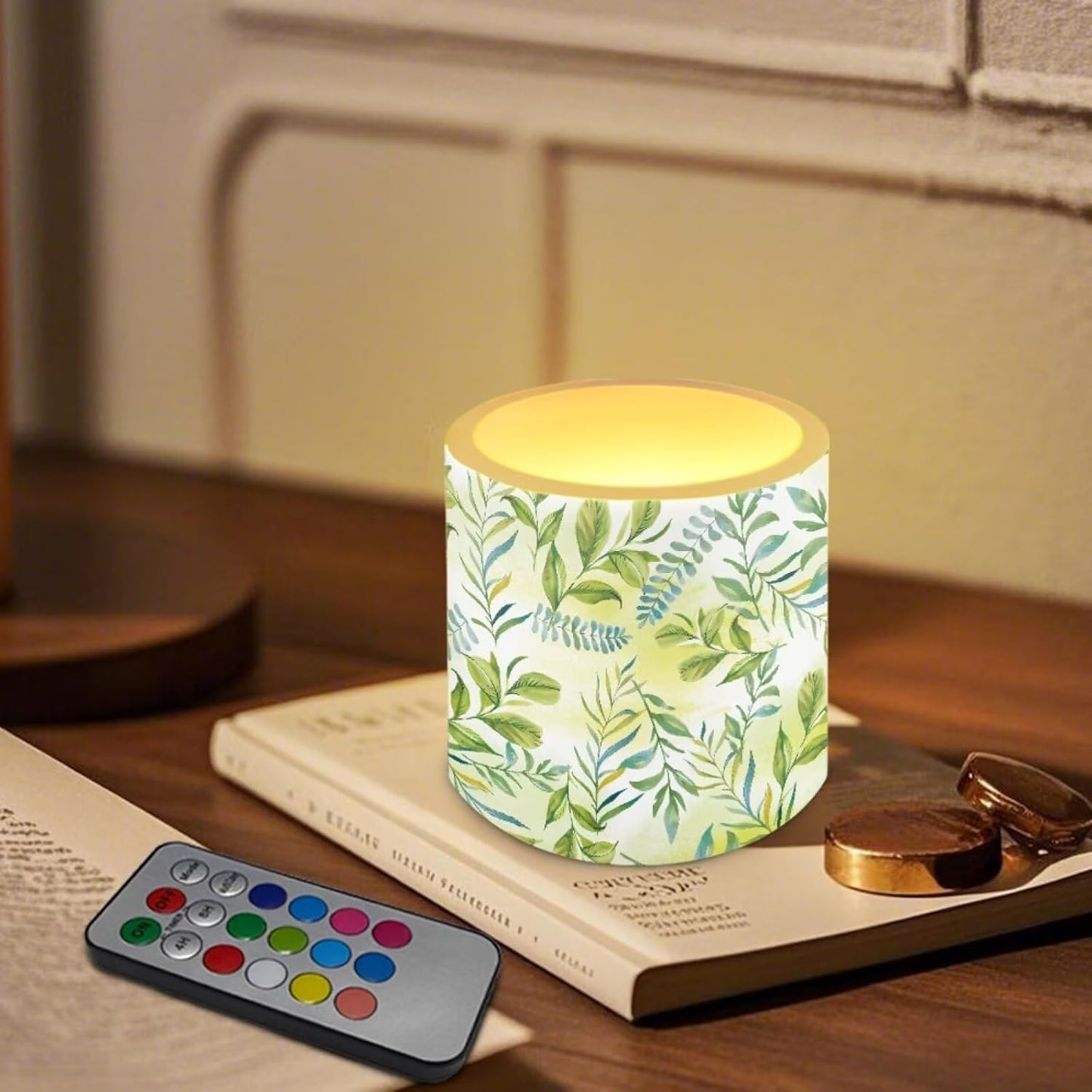 Poceacles Remote Control LED Candles Set of 4 Battery Powered Flameless Candles with Multi-Color Lighting Options, Timer Function, 12 Colors Changing, for Indoor Outdoor Decor, Green Leaves