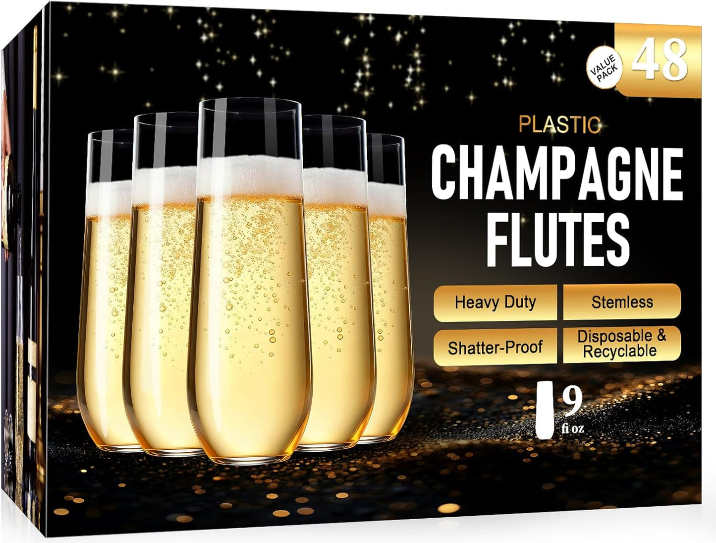 Guanqiao 48 Pack Stemless Plastic Champagne Flutes, 9 oz Clear Disposable Plastic Glasses, Heavy Duty Shatterproof Recyclable Mimosa Glasses for Party Wine Tasting Wedding New Years Eve Party Supplies