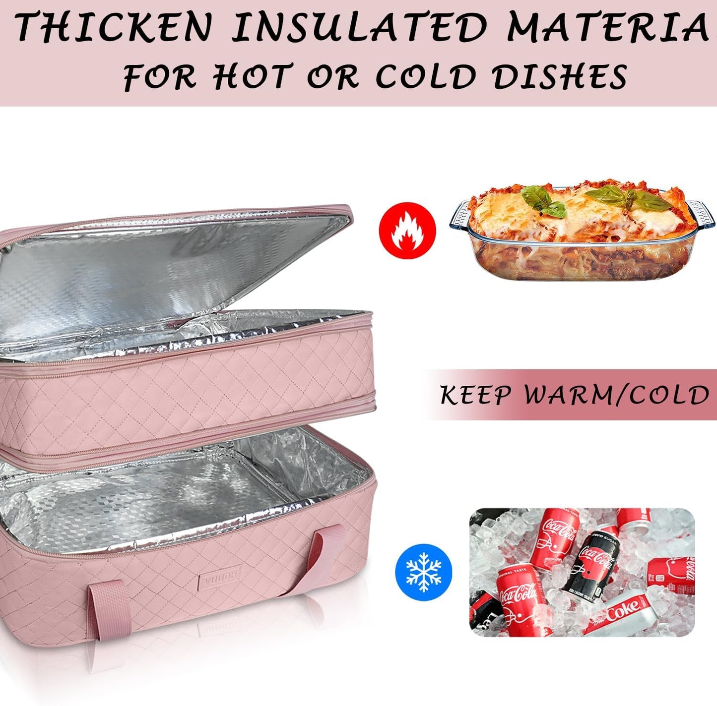 Vuudh Quilted Double Decker Casserole Carrier - Expandable Dish Carrying Case for Hot or Cold Food, Lasagna Holder for Potluck Parties, Picnic, Beach, Fits 9"×13" Baking Dish (Pink)