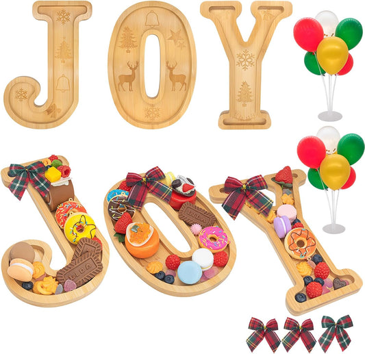 3PCS Bamboo Christmas Decorations Letters Charcuterie Board Box-(with 14 Balloons and Bow) Joy Charcuterie Letters Fillable Food Christmas Party Supplies Table Decoration Food Tray Platter