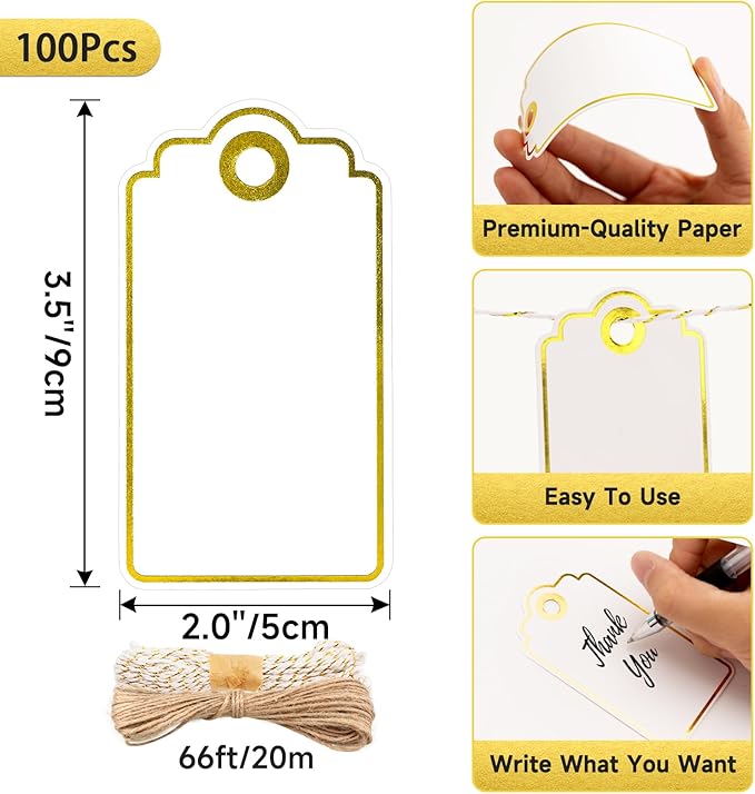Anwyll Gift Tags with String - 100Pcs Gold Foil Metallic Gift Bag Tags Personalized White Blank Hanging Paper Label Tag for Baby Shower Birthday Party Wedding Christmas Favor Present
