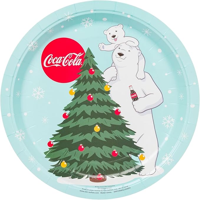 Silver Buffalo Coca-Cola Polar Bears Christmas Tree 32 Pack Partyware Disposable Paper Plates and Napkins