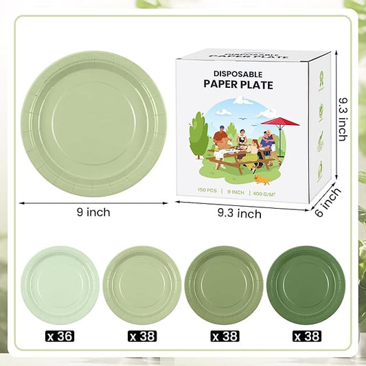 Kochorie 150 Pieces Sage Green Disposable Paper Plates 9 Inch Heavy Duty Dinner Plates, Solid Color, Table Decorations Party Supplies for Birthdays, Weddings, Daily Use
