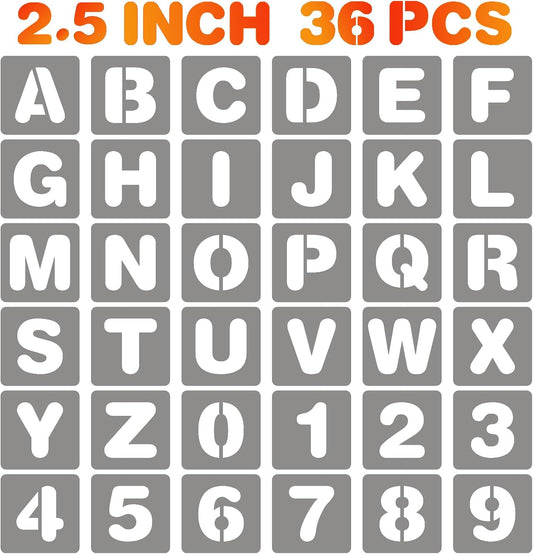 BAMIDELE 2.5 Inch Letter and Number Stencils, 36 Pcs Reusable Plastic Alphabet Spray Paint Stencils for Painting on Wood, Wall, Fabric, Rock, Chalkboard, Door Porch, Signage, DIY Craft Decoration