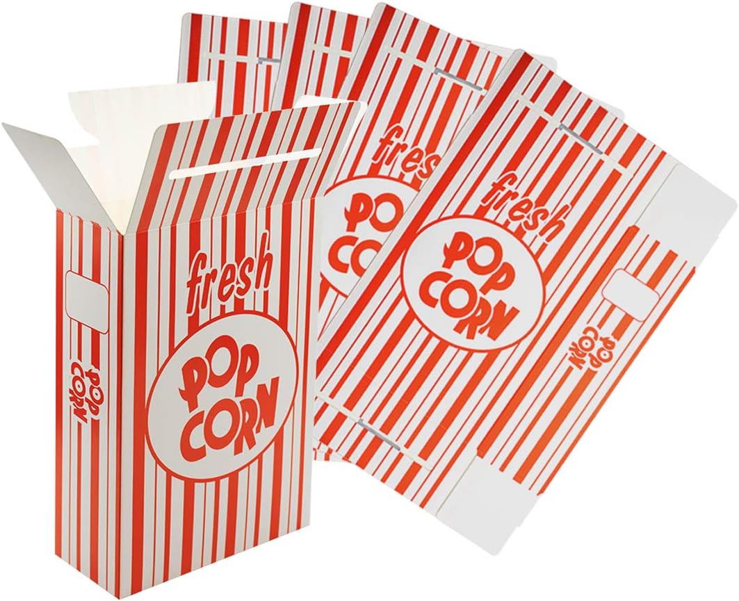Fasmov 100 Pack Paper Popcorn Boxes, 6" L x 2 1/2"W x 8 1/2 "H Close Top Movie Theater Popcorn Boxes, Popcorn Containers for Movie Party and Theater Night (Red and White Stripes)