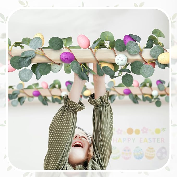 MAKHOT 2PCS 6.6Ft Easter Garland for Mantle Fireplace, Green Vines and Artificial Colored Eggs Garland Easter Decor for Home Indoor