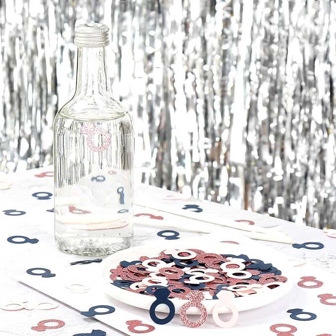 Engagement Bridal-Shower Decorations Ring Confetti,300pcs Navy Blue Pink Rose Gold Paper Confetti Glitter Sprinkles Wedding Bachelorette Decorations Proposal Valentines Day Party Table Decor Panduola