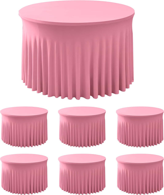 HolidayIdeas 60 Inch Pink Spandex Round Table Skirts,Fitted Stretch Tablecloths for Round 5 ft Table, Wrinkle-Free Ruffle Design Tablecloths for Banquets,Trade Shows, Parties, Events, 6 Pcs