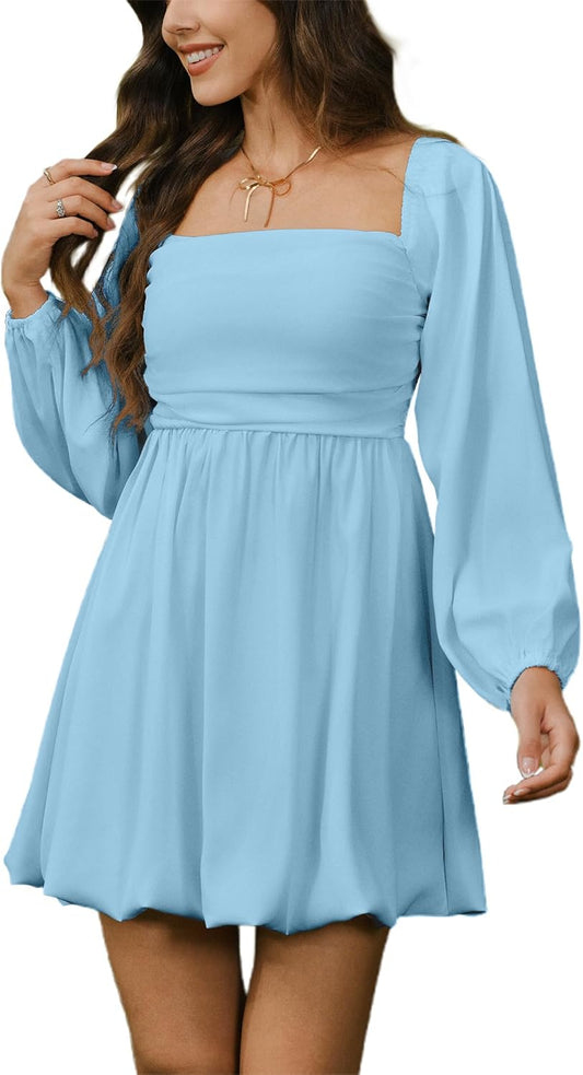 HYPERFIRE Women's Square Neck Pleated Long Sleeve Mini Dress Smocked A Lind Bubble Wedding Dresses