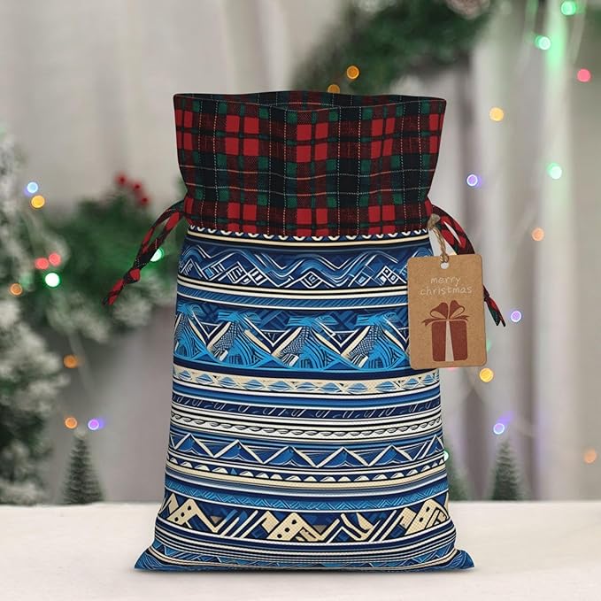 PULaif Blue Polynesian Maori Tribal Print Christmas Drawstring Gift Bags, Large Size Christmas Bags For Gifts Party Favors, Xmas Gift Bags