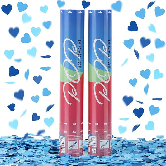 Gender Reveal Confetti Poppers, Blue Confetti Cannon 2 Pack with Heart Shaped Party Confetti for Baby Shower, Birthday, Gender Reveal Party Supplies - 12 inch