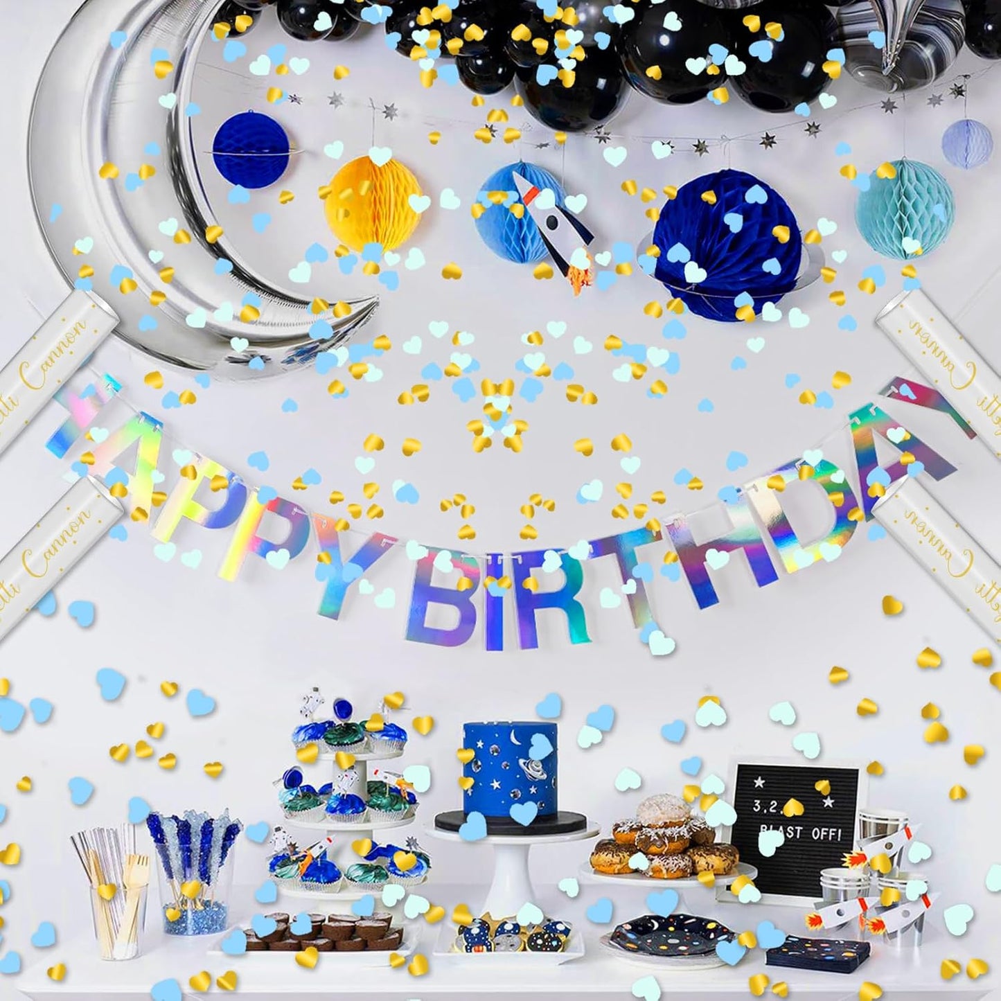 12" Confetti Cannons with Blue & Gold Heart Filling - Party Poppers for Gender Reveal Baby Shower Bridal Shower Valentine Wedding Anniversary - Easy to Use - Pack of 2