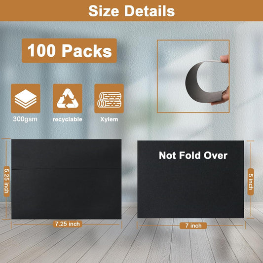 100 Packs Black Blank Greeting Cards and Envelopes 5 x 7 Heavyweight Single Panel Cardstock and A7 Envelopes Self Seal for DIY Wedding Invitations, Party, Thankgiving Cards, Baby Shower