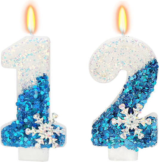 Snow Themed Birthday Candles, 12th Birthday Candle for Party Supplies, Winter Birthday Party Supplies, 2.76 inch Number 12 Candle Cake Topper Decoration (Number 12)