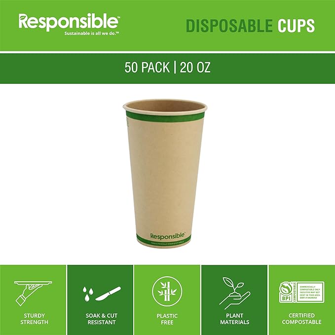 Responsible Products Certified Compostable 20 oz Paper Cups, Cold ＆ Hot Coffee Cups, Disposable Paper Cups, Extra Strength Disposable Cups, Made without PFAS (50 count)