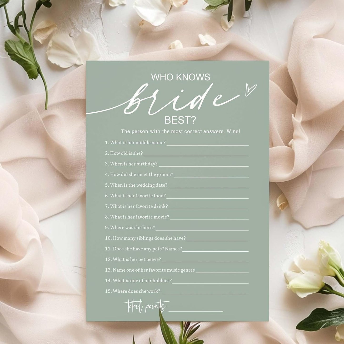 Bridal Shower Games Cards, Who Knows The Bride Best, Bridal Shower Game 25 Guests, Engagement Party Wedding Games for Guests, Minimalist Green Wedding Party Supplies - C03