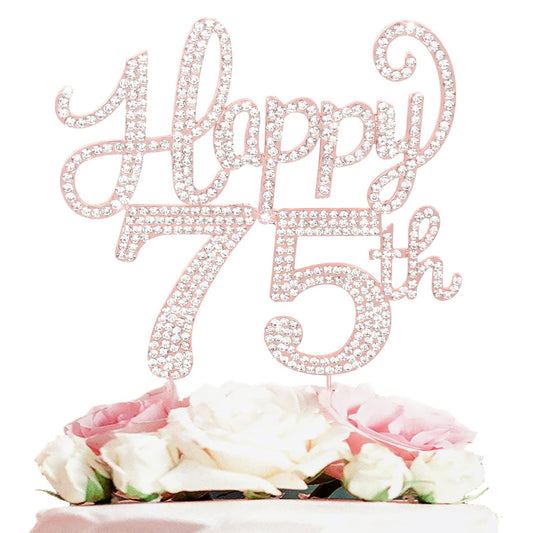 LASKYER Happy 75th Birthday Rose Gold Rhinestone Cake Topper - 75th Birthday/Anniversary,Cheers to 75 Years Old Bday Party Metal Sparkly Centerpieces Decorations.