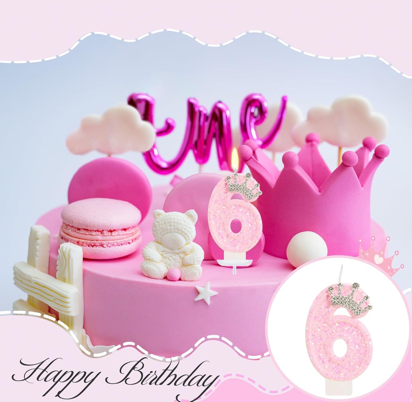 Birthday Candle for Cake, Crown Pink Number Candles, 2.76 inch Cake Topper Decoration for Princess Birthday Party (Number 6)