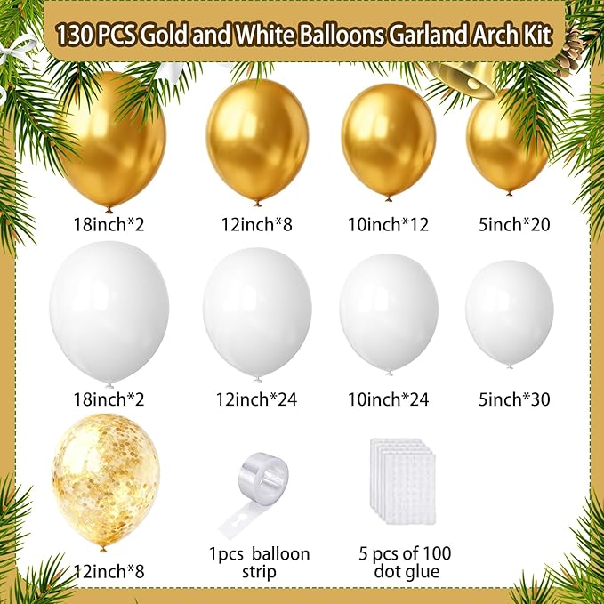 White and Gold Balloons Arch Kit,130pcs Gold and White Balloon Garland,Different Sizes White Latex Balloons for Wedding,Engagements,Birthday,Baby Shower Anniversary Decorations