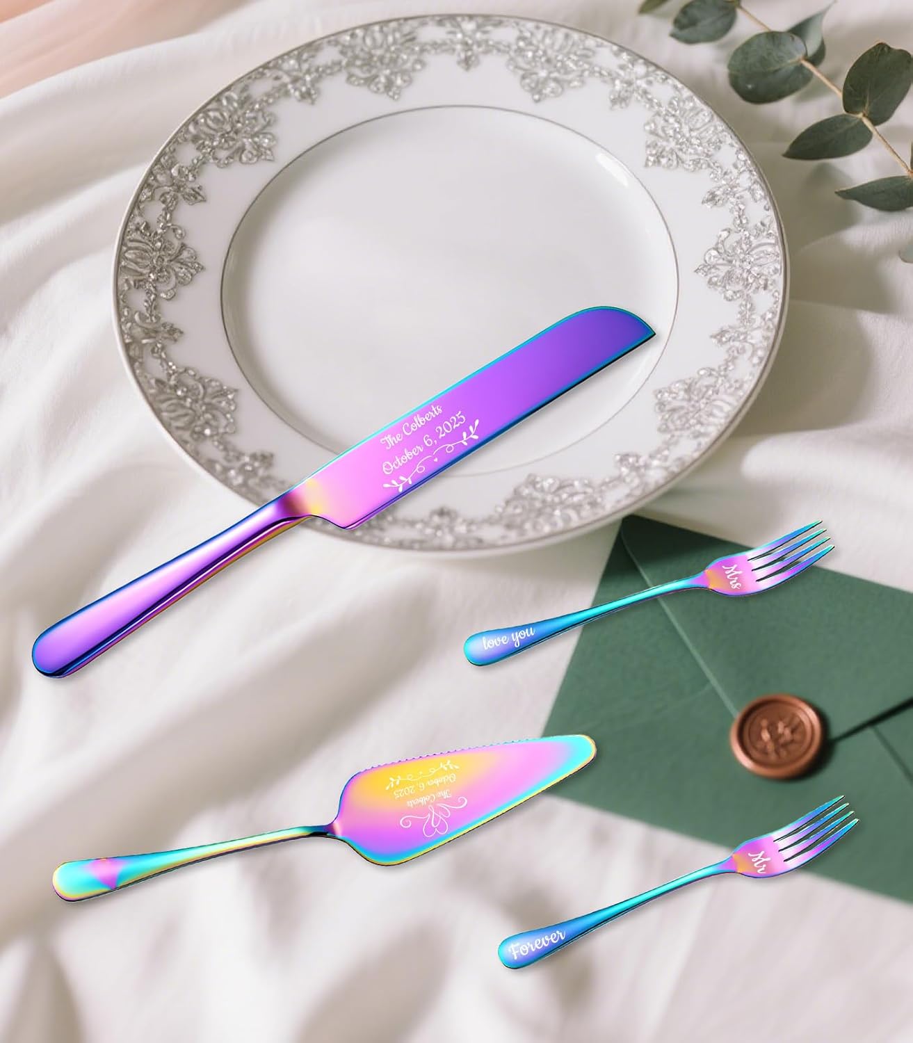 HJX Personalized Wedding Cake Knife and Server Set, Custom Names Cake Cutting Set, Customized Knife and Cake Server Set Gift for Bridal Anniversary Birthday Wedding Registry (Multicolor)