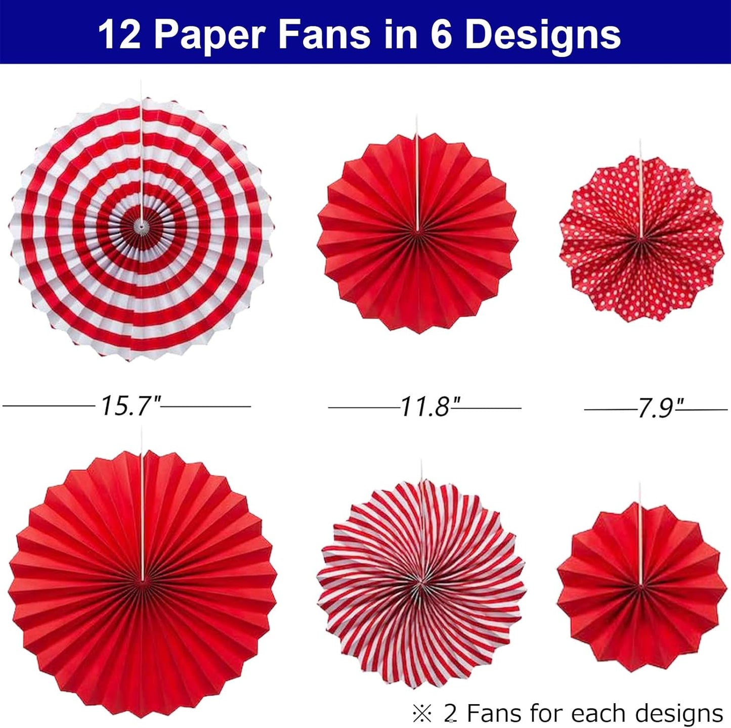 Hanging Paper Fans Set 12PCS Red Party Decorations Round Fan Wall Decor Paper Garlands Flower Decorative for Birthday Festival Party Wedding Graduation Events Accessories