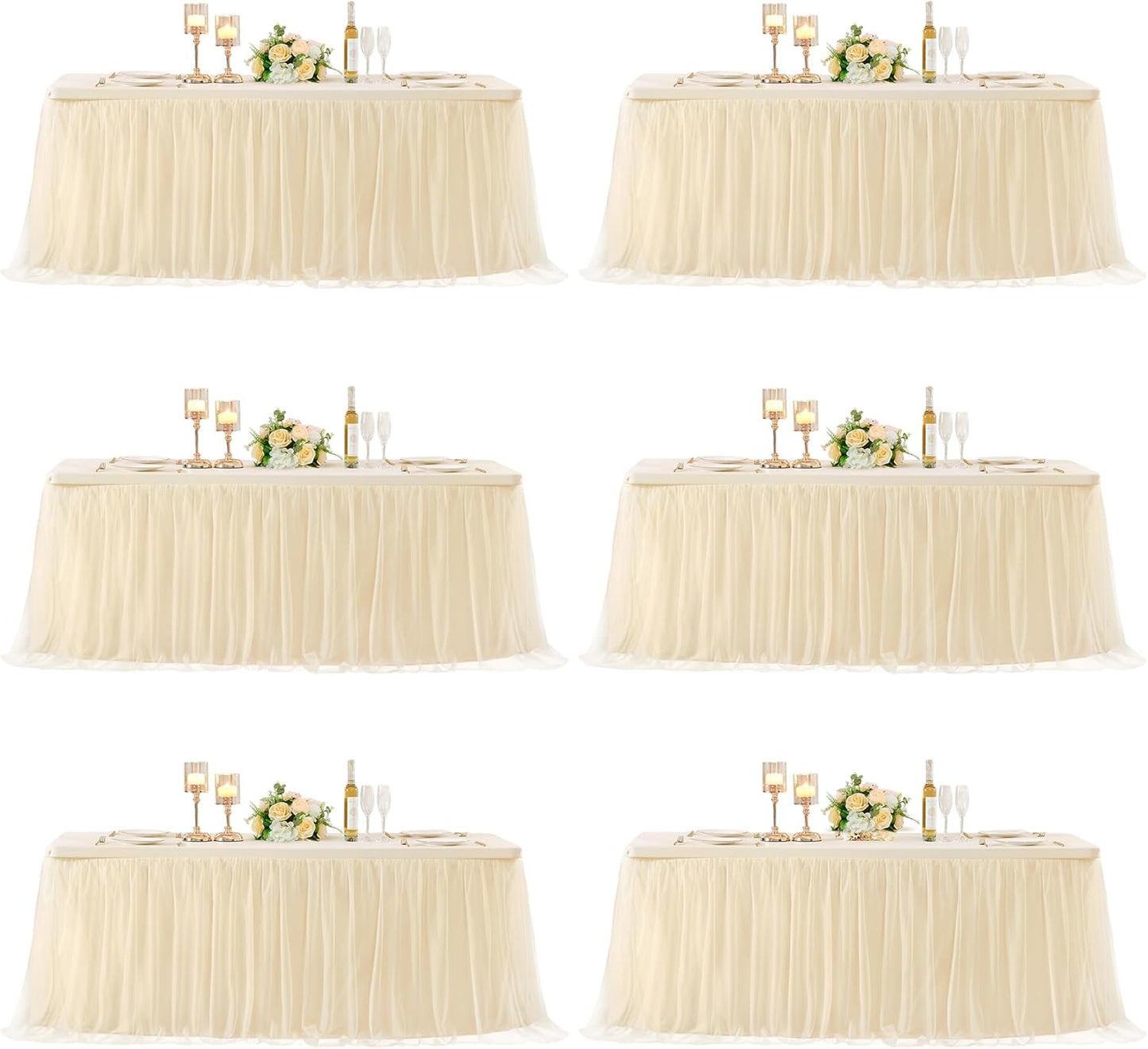 6 Pack 6ft Champagne Tulle Tablecloths for Rectangle Tables, 72 x 30 Inch Rectangular Table Cloth, Wrinkle Free Table Cover with Tutu Skirt for Wedding Birthday Party Banquet Buffet Decorations